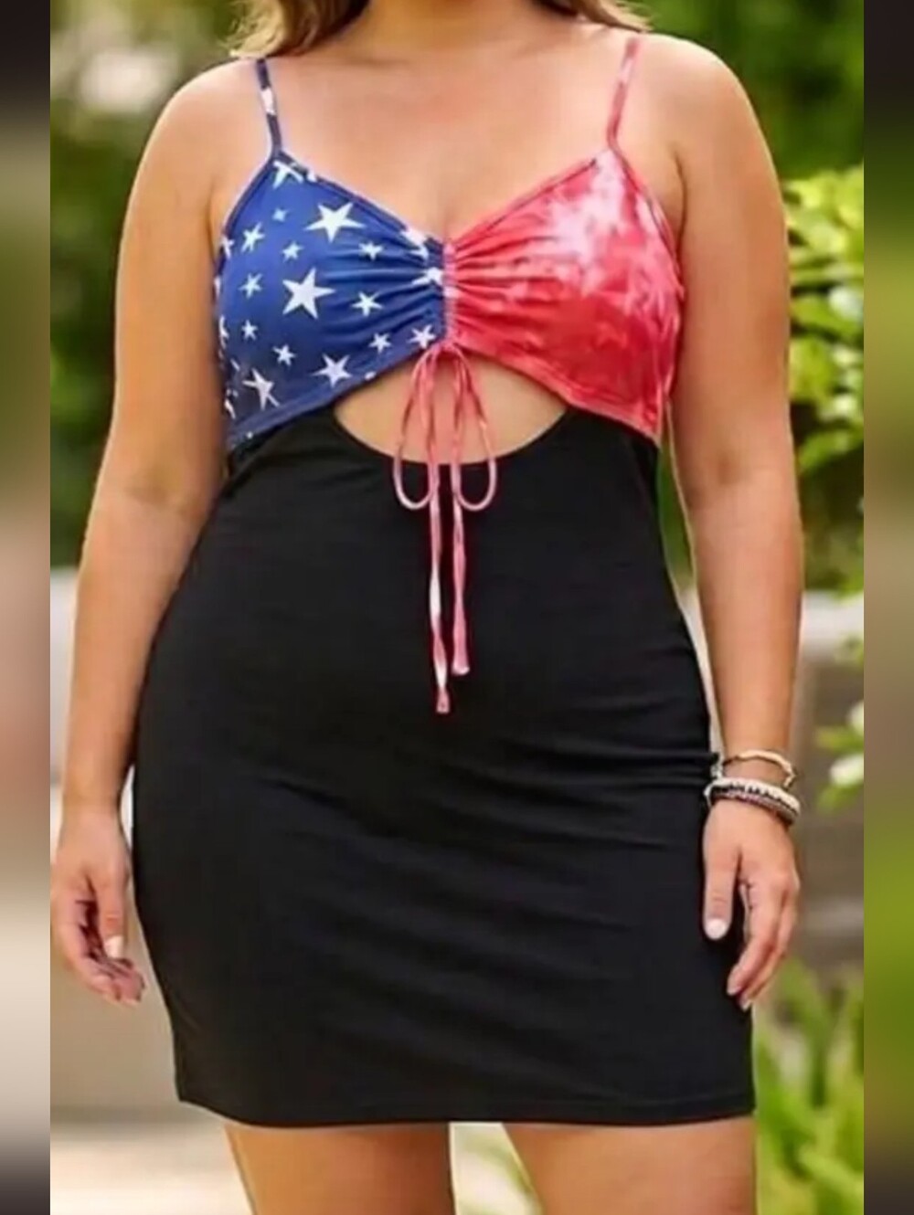 American Flag Tie Dye 4th Of July Cutout Bodycon Dress - Red, Blue & Black